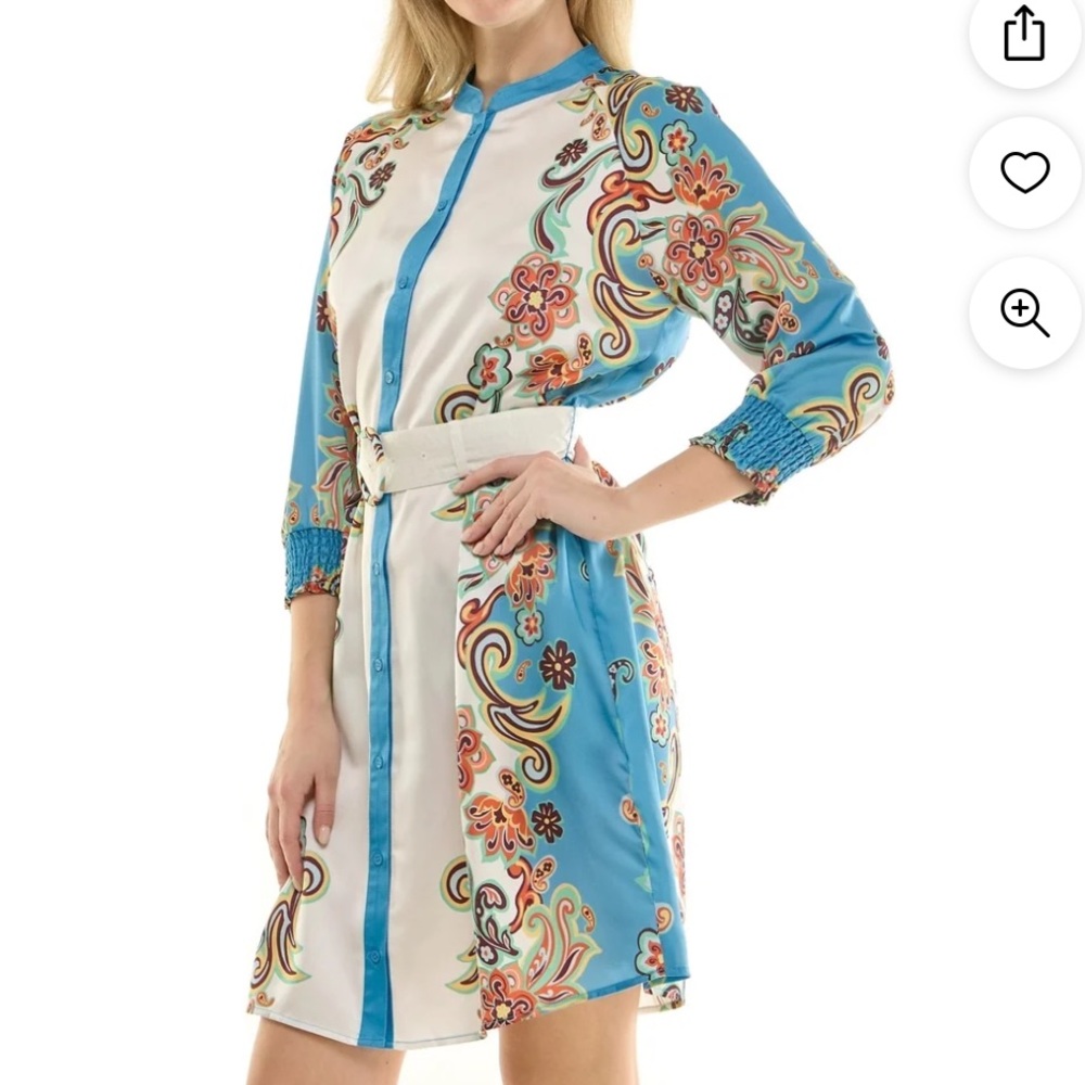 Nanette Lepore Blue and Cream Floral Paisley Long Sleeve Shirt Dress
